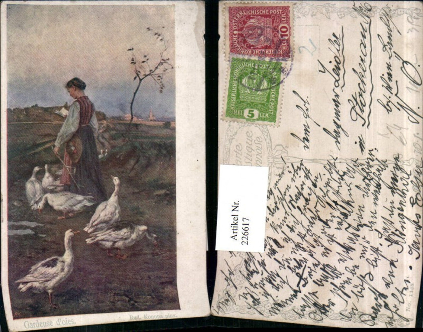 226617,Künstler AK Rud. Konopa Gardeuse doies Frau m. Buch Hut Gänse
