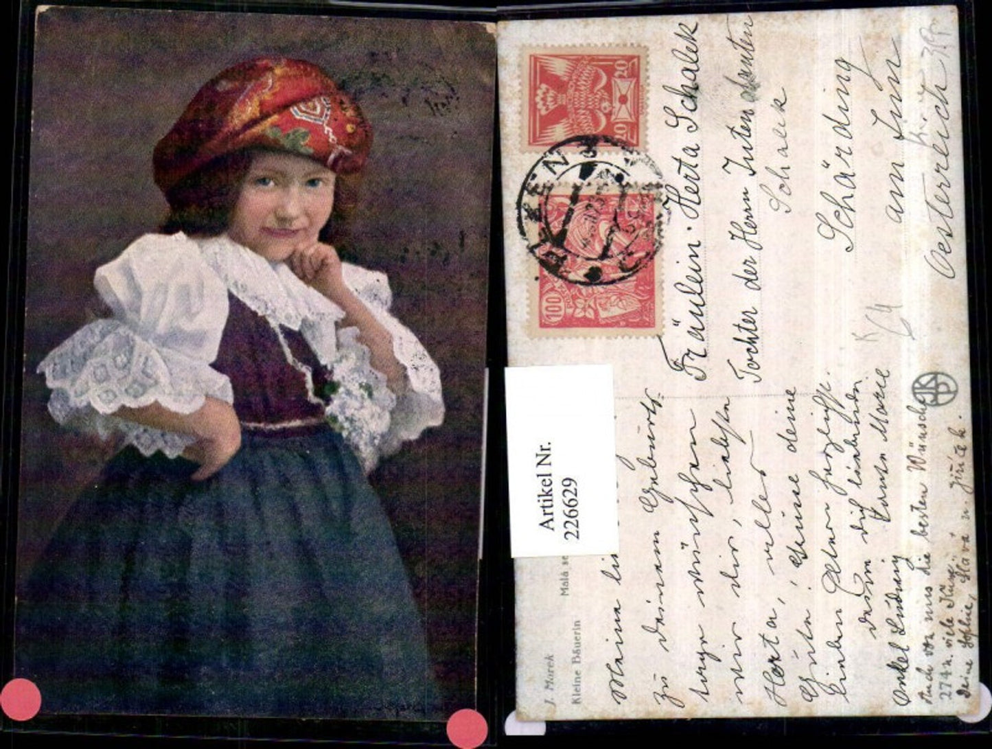 226629,Künstler AK J. Marek Kleine Bäurin Mädchen m. Kopftuch Kleid Portrait