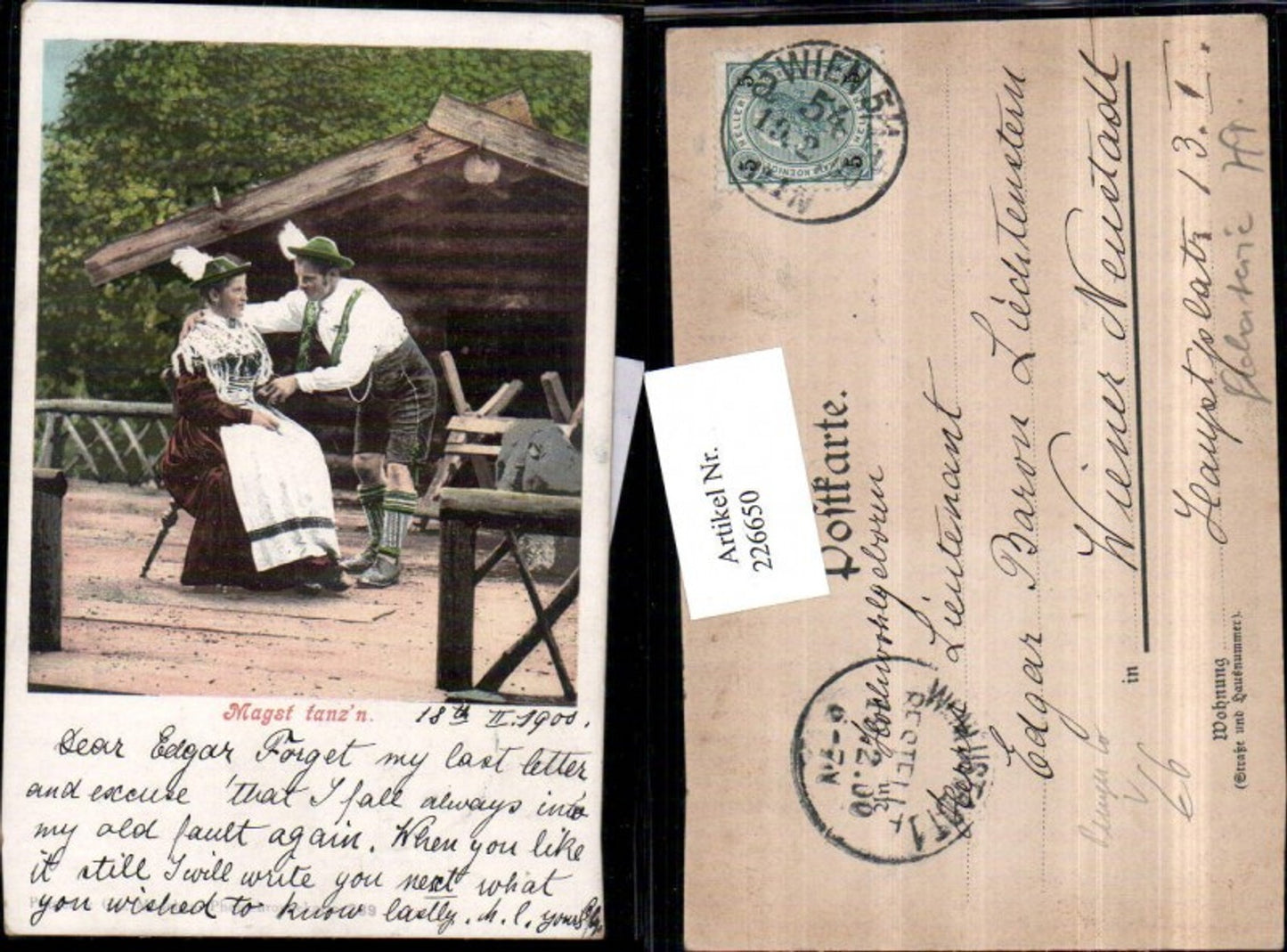 226650,Künstler AK Magst tanzn Frau u. Mann i. Tracht m. Hut pub Purger & Co 289