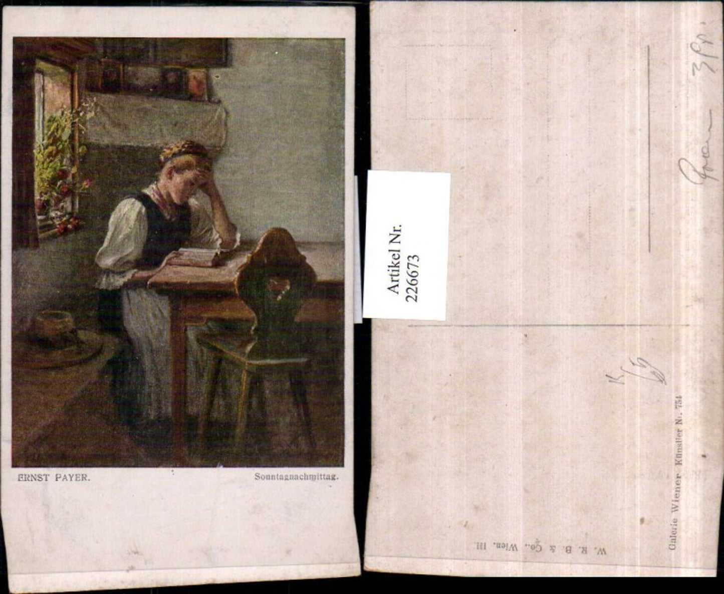 226673,Künstler AK Ernst Payer Sonntagnachmittag Frau b. Lesen Tisch Sessel Hut