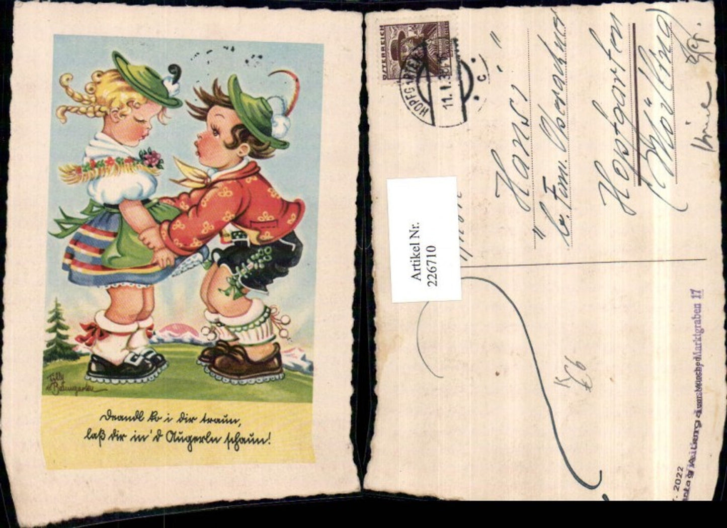 226710,Künstler AK Tilly von Baumgarten Mädchen Junge in Tracht Hut