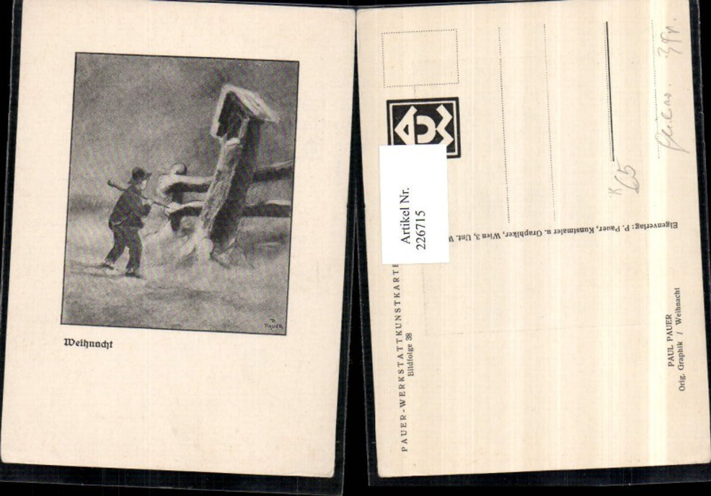 226715,Künstler AK Paul Pauer Weihnacht Junge m. Hut u. Stock Bildstöckl Winterbild