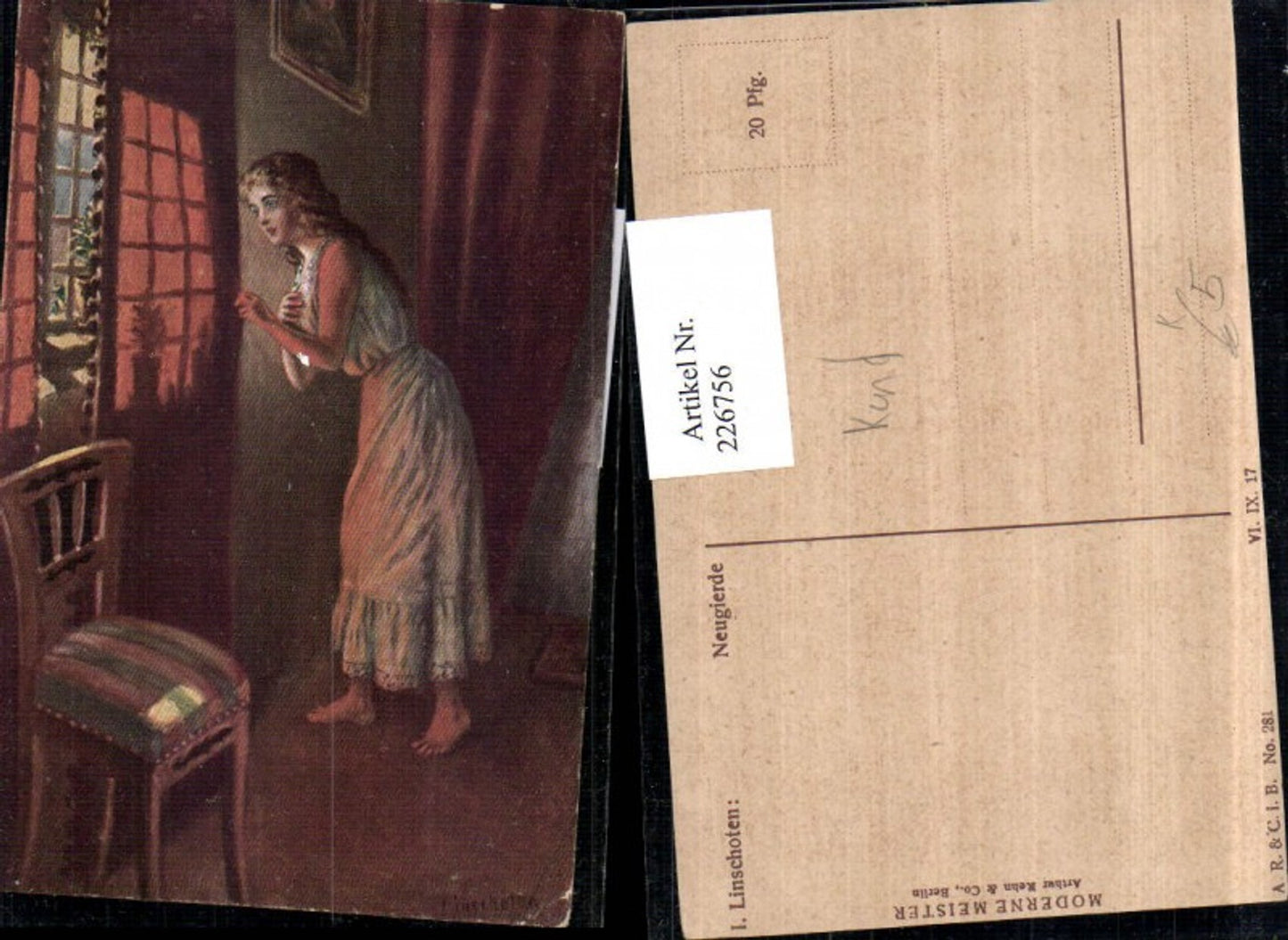226756,Künstler AK I. Linschoten Neugierde Frau m. Kleid Fenster Vorhang Sessel