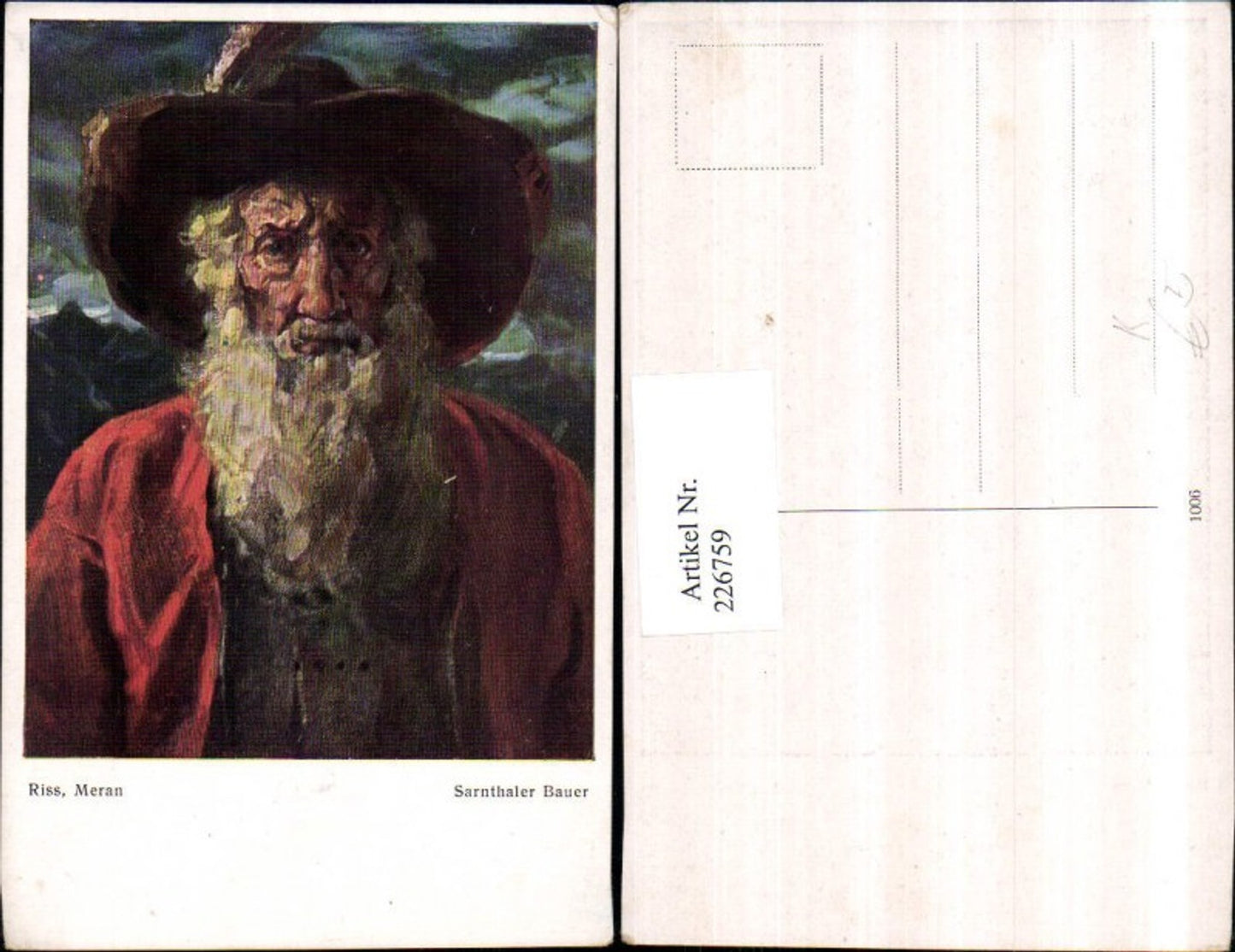 226759,Künstler AK Riss Meran Sarnthaler Bauer alter Mann m. Hut Bart Portrait