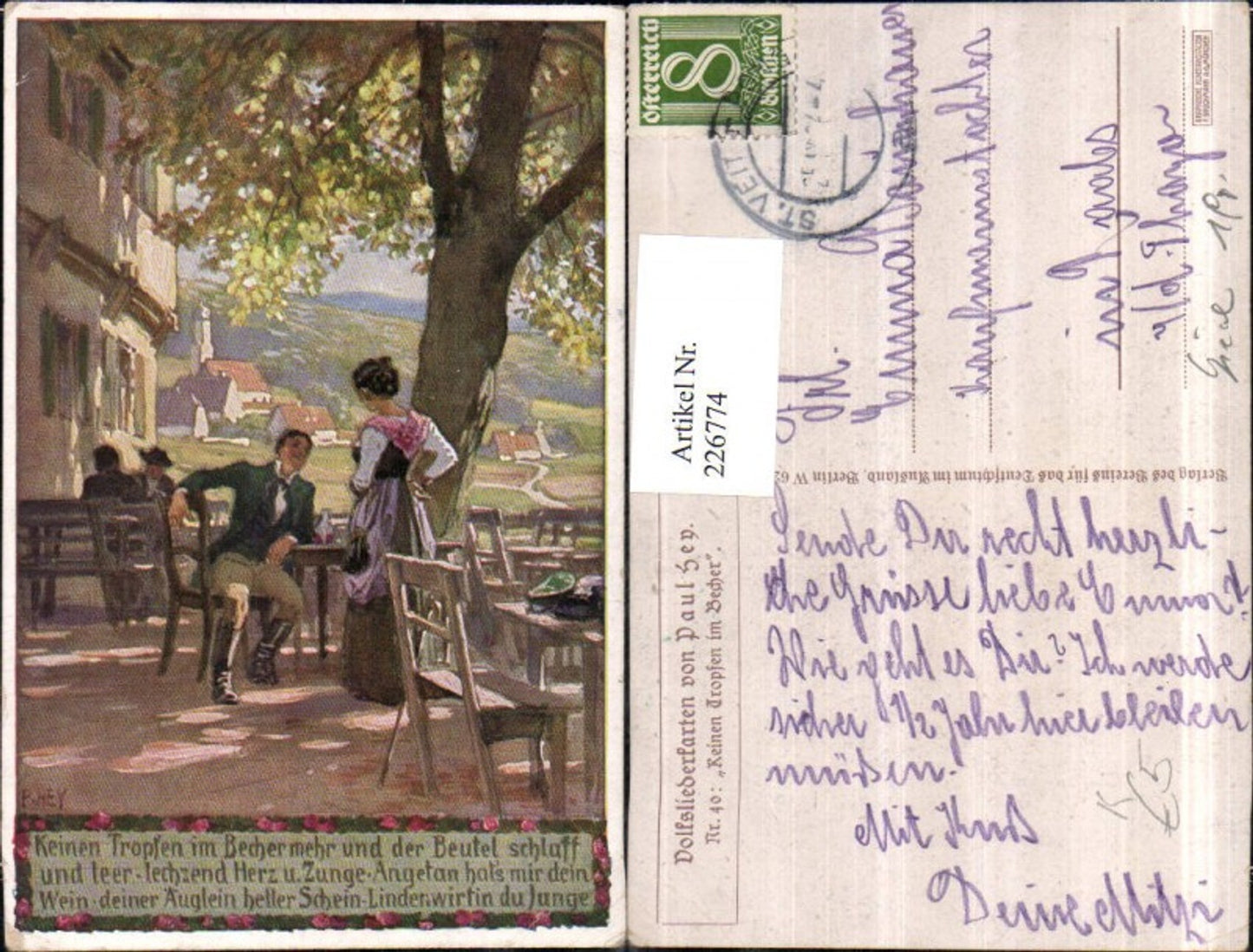 226774,Künstler AK Paul Hey 40 Keinen Tropfen i. Becher Gasthof Terrasse pub Verein f. d. Deutschtum i. Ausland VDA