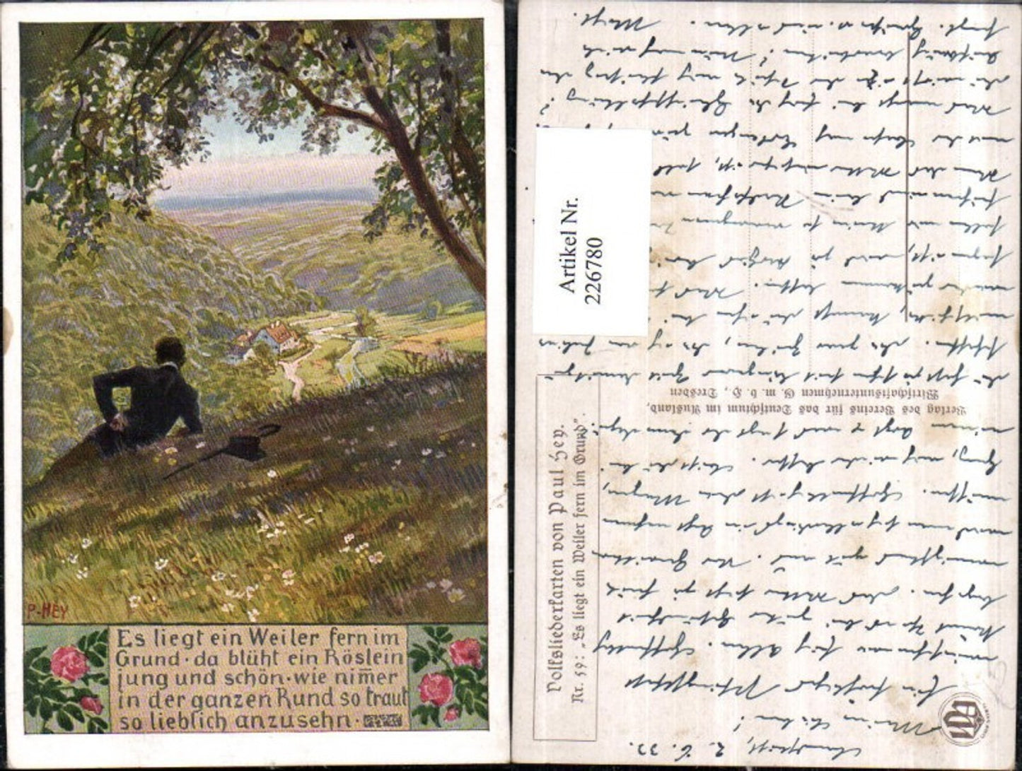 226780,Künstler AK Paul Hey 59 Es liegt ein Weiler fern i. Grund Mann Wiese pub Verein f. d. Deutschtum i. Ausland VDA
