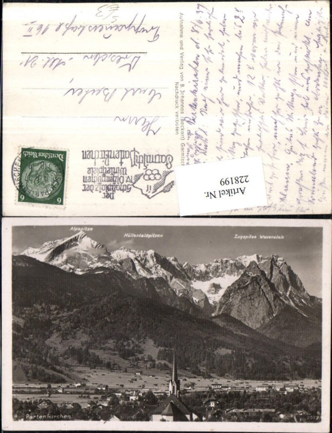 228199,Partenkirchen Totale m. Alpspitze Zugspitze Waxenstein Der Schauplatz d. 4. Olympischen Winterspiele Stempel