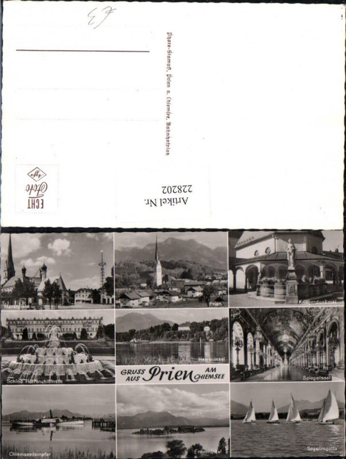 228202, Greetings from Prien am Chiemsee, Total view of the war memorial, Hall of Mirrors, Herrenchiemsee Palace, Market Square, Multi-view postcard