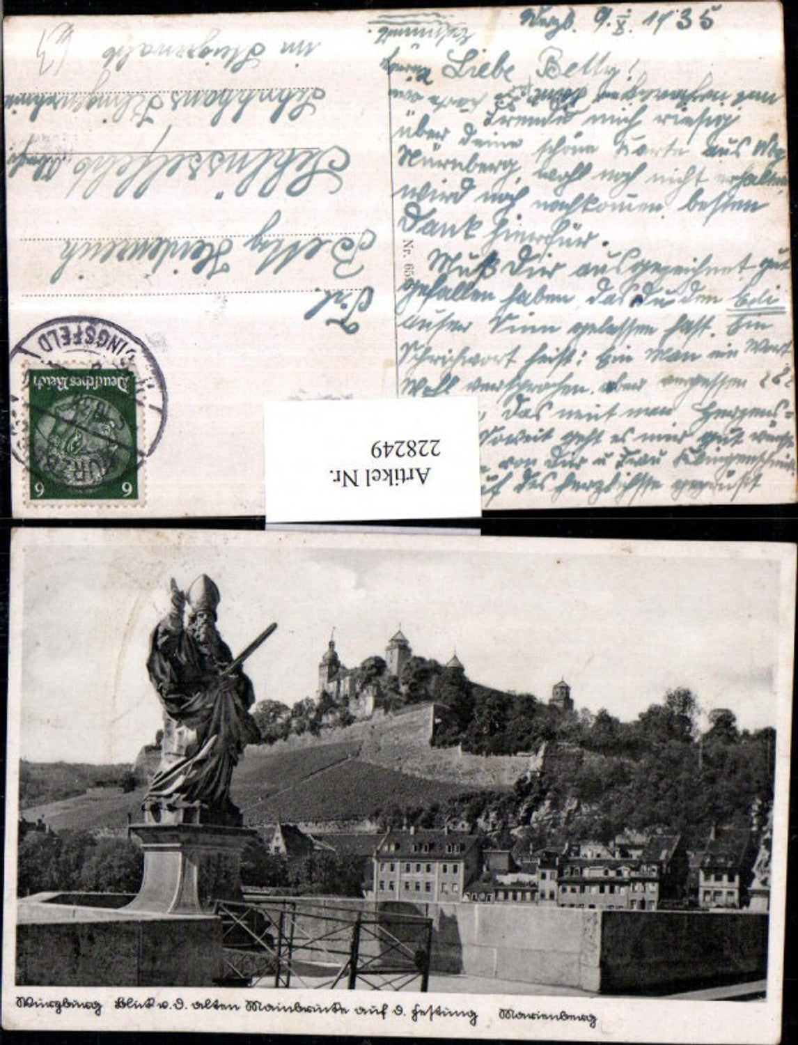 228249,Würzburg Blick v. d. Alten Mainbrücke auf d. Festung Statue eines Heiligen