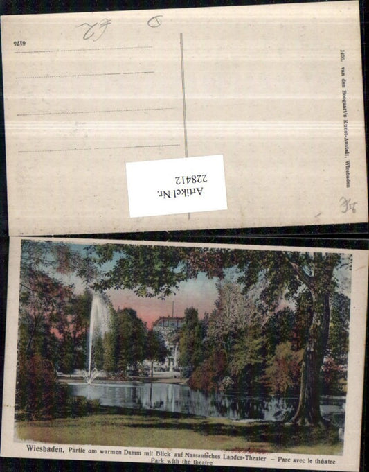 228412,Wiesbaden Partie am warmen Damm m. Blick auf Nassauisches Landes-Theater Fontäne