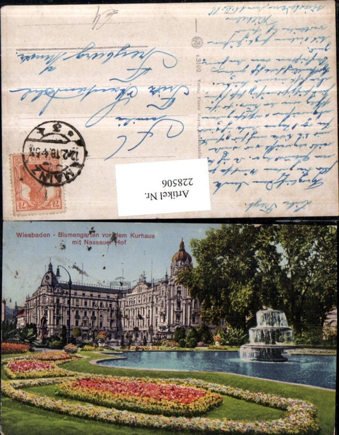 228506,Wiesbaden Blumengarten m. Brunnen v. d. Kurhaus m. Nassauer-Hof