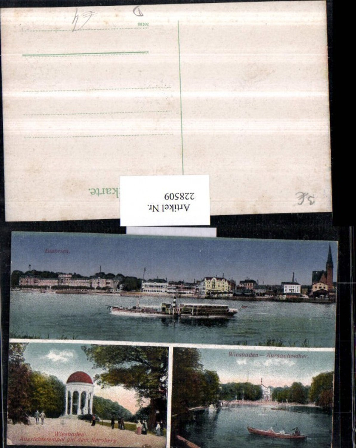 228509,Wiesbaden Kursaalweiher Biebrich Dampfer Tempel auf d. Neroberg Mehrbildkarte