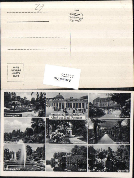 228776,Bad Pyrmont Brunnenplatz m. Wandelhalle Kurhaus Schloss Kurpark Palmengarten Gänseliesl Mehrbildkarte