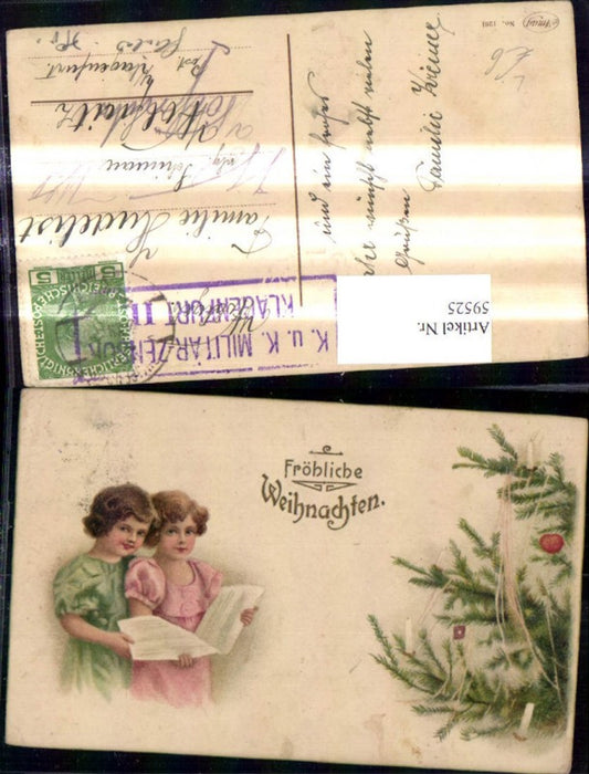 59525,Künstler Litho Weihnachten Mädchen m. Notenblatt Christbaum Weihnachtsbaum