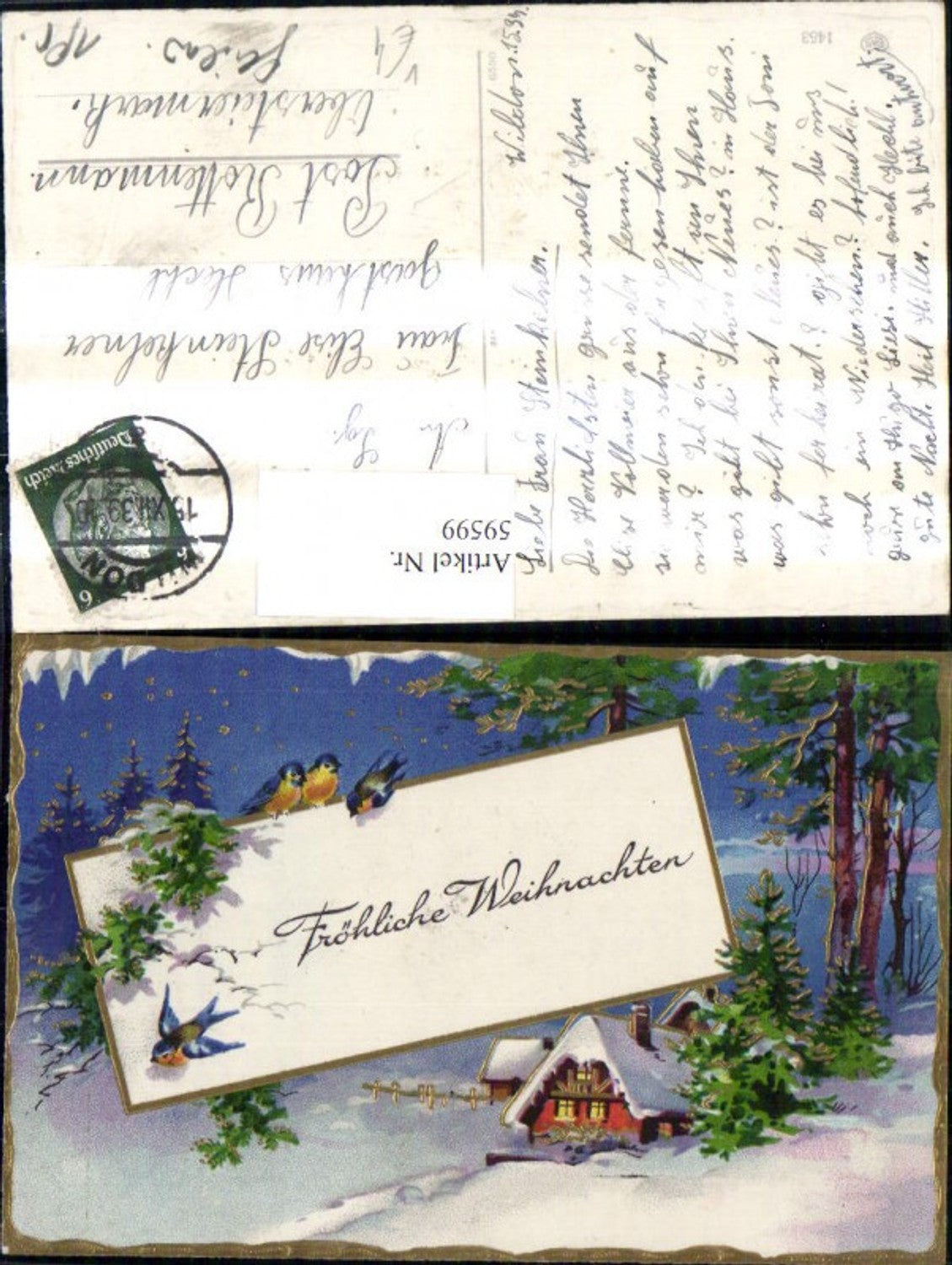 59599,Künstler Präge Ak Weihnachten Haus i. Winterwald Vögel Goldverzierung pub EAS 1453