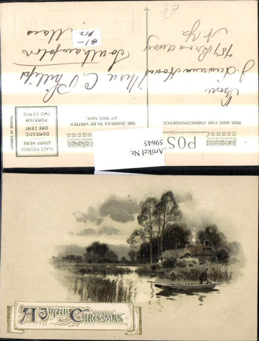59645,Künstler Ak Weihnachten Landschaft See Ruderboot Boot Präge Schrift A Joyful Christmas