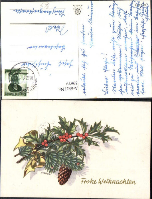 59679,Künstler Ak F. Milan Weihnachten Stechpalmenzweig Tannenzweig Zapfen Goldschleife