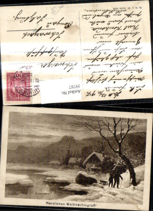 59787,Künstler Ak Weihnachten Winterlandschaft Mann Kind Schlitten