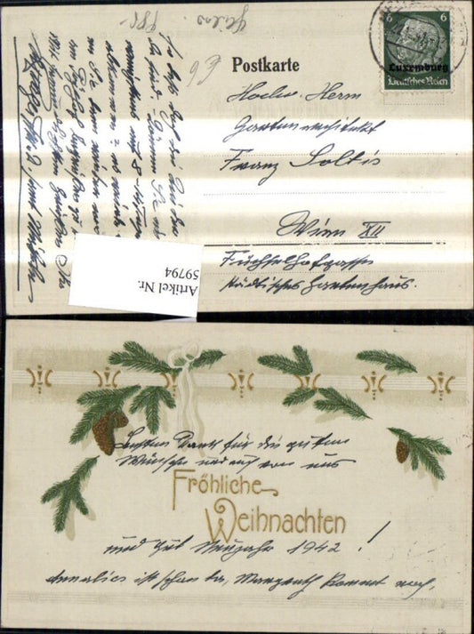 59794,Präge Ak Weihnachten Tannenzweige Zapfen Schleife Goldschrift
