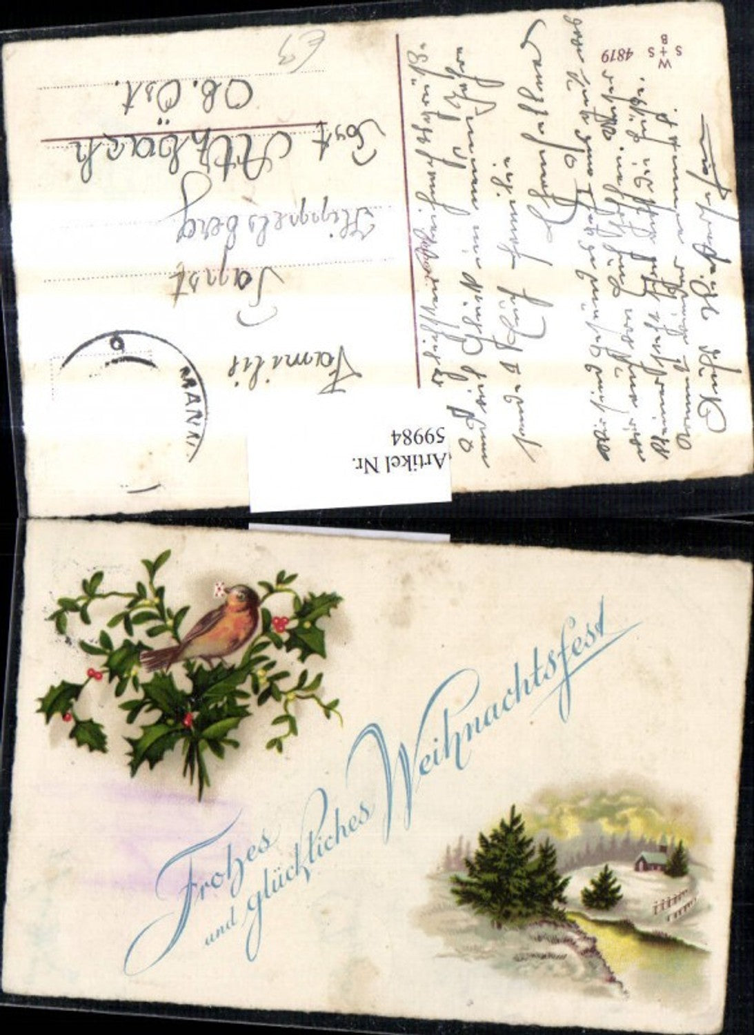 59984,Weihnachten Vogel m. Brief i. Schnabel Mistelzweig Stechpalmenzweig Haus Winterlandschaft