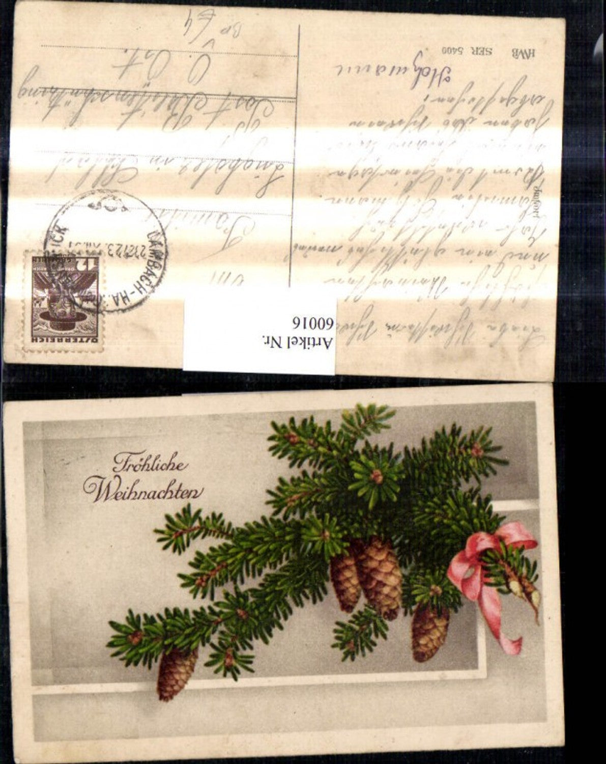 60016,Weihnachten Tannenzweig Zapfen Schleife pub HWB 5400 Bahnpost Zug 2327 Lambach Haag a. Hausruck