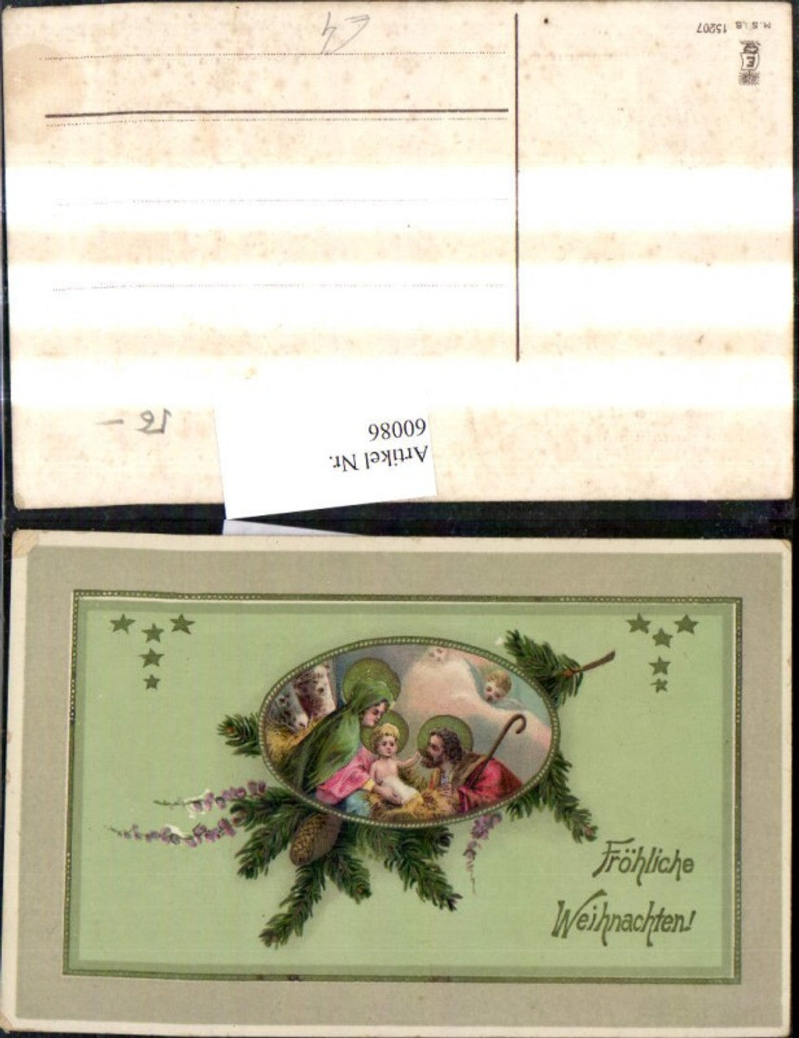 60086,Künstler Ak Weihnachten Hl Familie Jesus Krippe Passepartout Tannenzweig Zapfen Sterne
