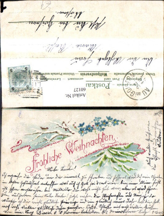 60127,Künstler Litho Weihnachten Zweig m. Schnee Vögel Blumen