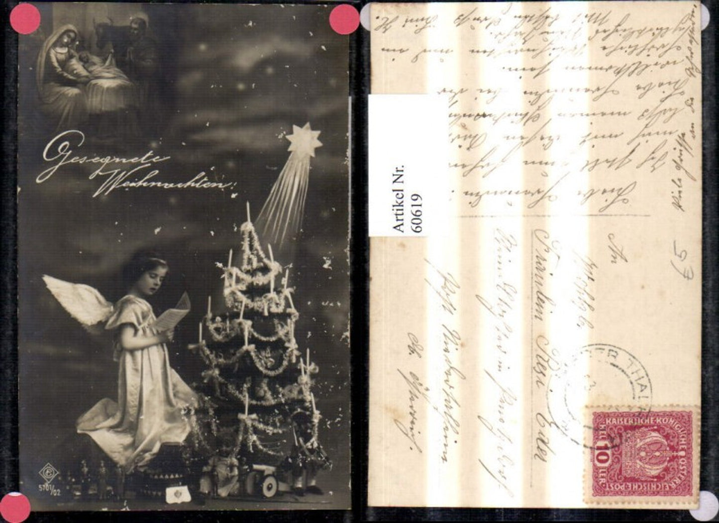 60619,Fotomontage Weihnachten Mädchen Engel singt v. Christbaum Weihnachtsbaum Stern Hl Familie a. Himmel