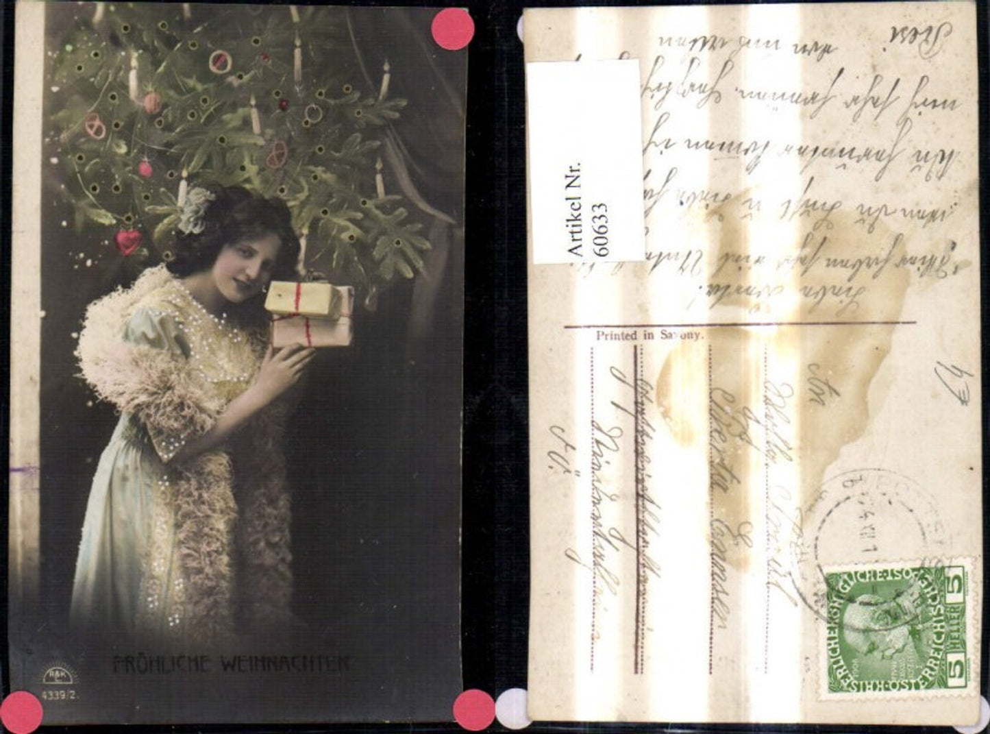 60633, Christmas Woman with feather boa, gifts, packages, Christmas tree, Christmas tree