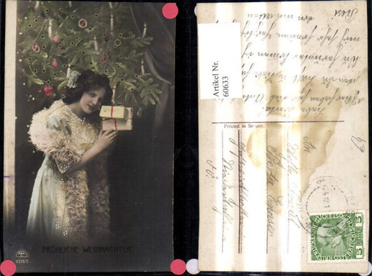 60633, Christmas Woman with feather boa, gifts, packages, Christmas tree, Christmas tree