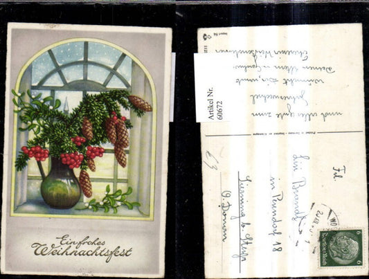 60672, Artist Ak Christmas Vase with mistletoe sprig, cone, fir branch on window