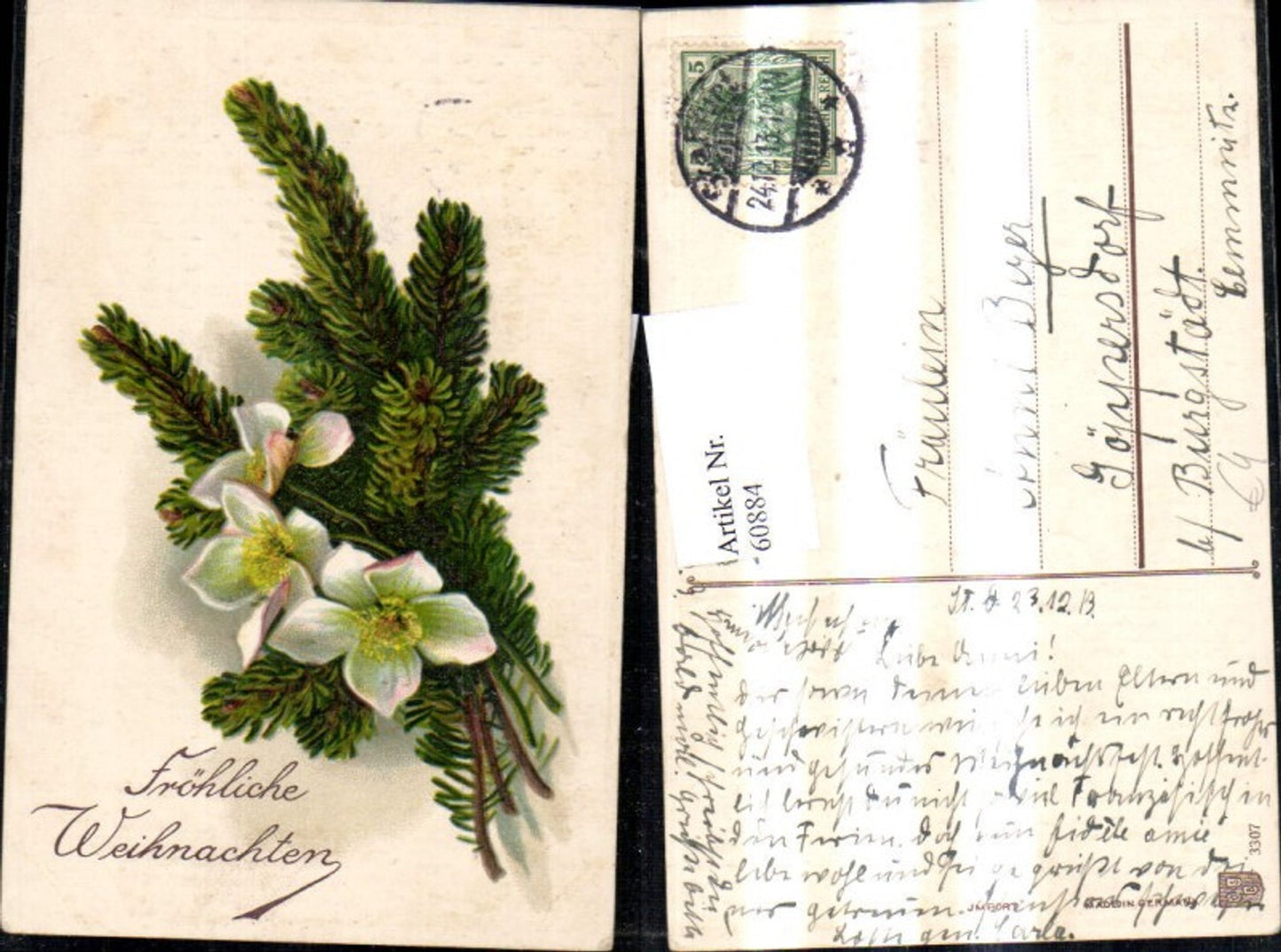 60884, Christmas fir branch with snow rose blossom flowers