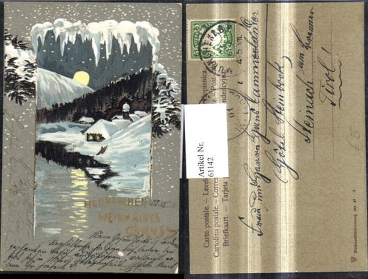 61142, Artist AK Christmas Winter Landscape by Moonlight Village Passepartout