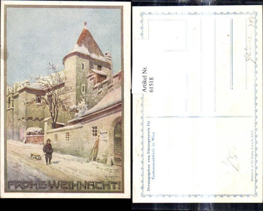 61518, Artist Ak R. Moser Christmas Street View Child with Sled
