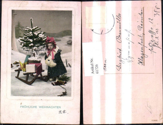 61726, Christmas Girl Muff with Sled Gifts Packages Fir Tree Doll Passepartout