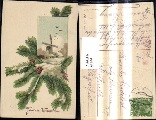 61844, Artist's embossed lithograph, Christmas, windmill, winter, birds, passe-partout, fir branches, snow, pub HWB 623