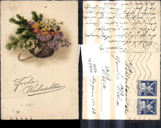 62147, Christmas basket with flowers and fir branch