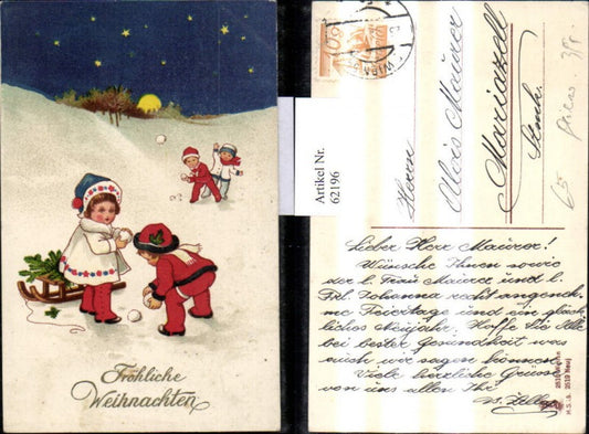 62196, Artist Ak Christmas Children Snowball Fight Snowball Sled b. Moon Stars