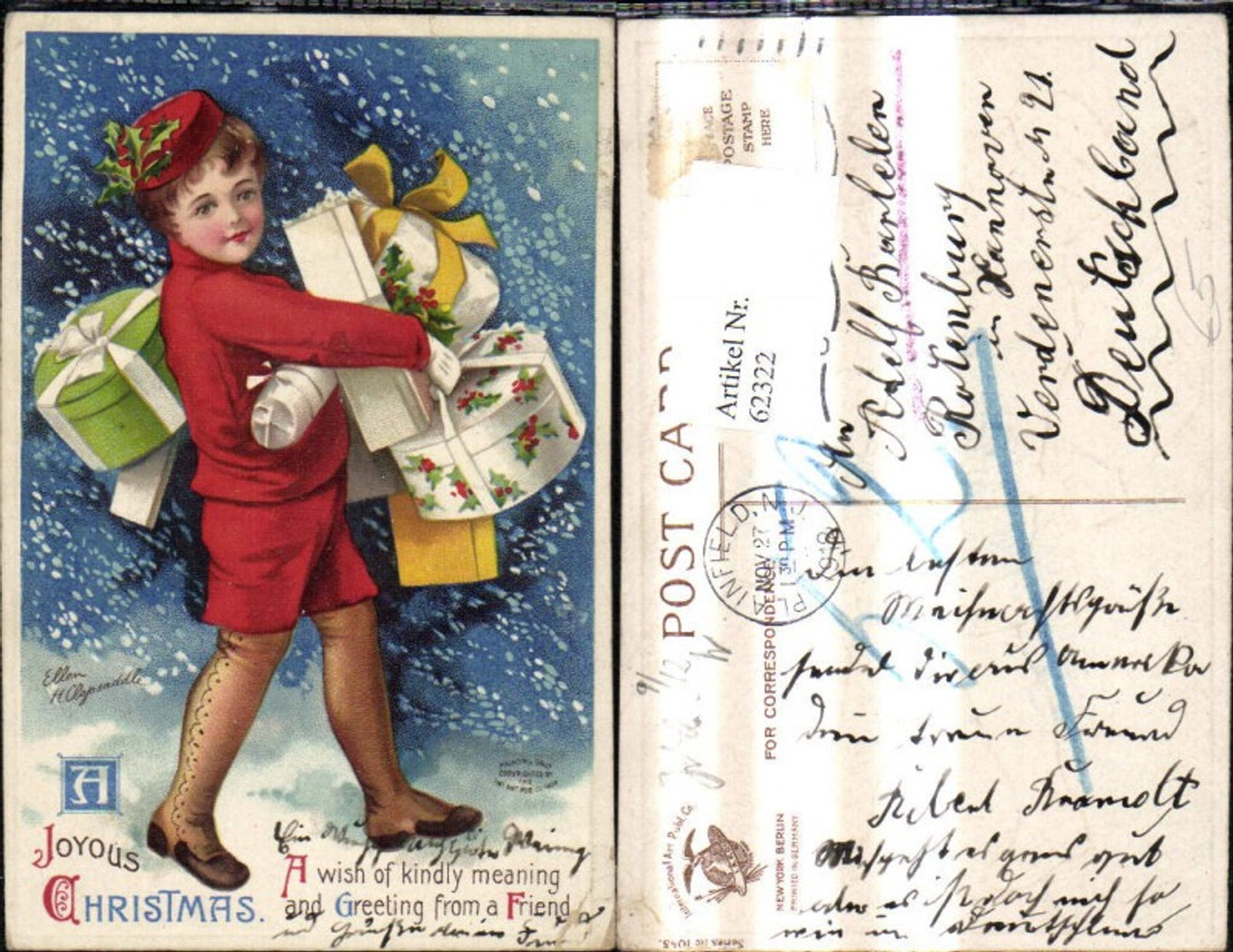 62322, Artist Ak Ellen H. Clopsaddle Christmas Messenger with Gifts Packages Box Saying Text