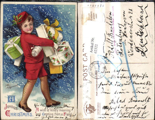 62322, Artist Ak Ellen H. Clopsaddle Christmas Messenger with Gifts Packages Box Saying Text