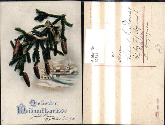 62343, Artist Ak Christmas House Village in Winter Fir Branch Cone Bow