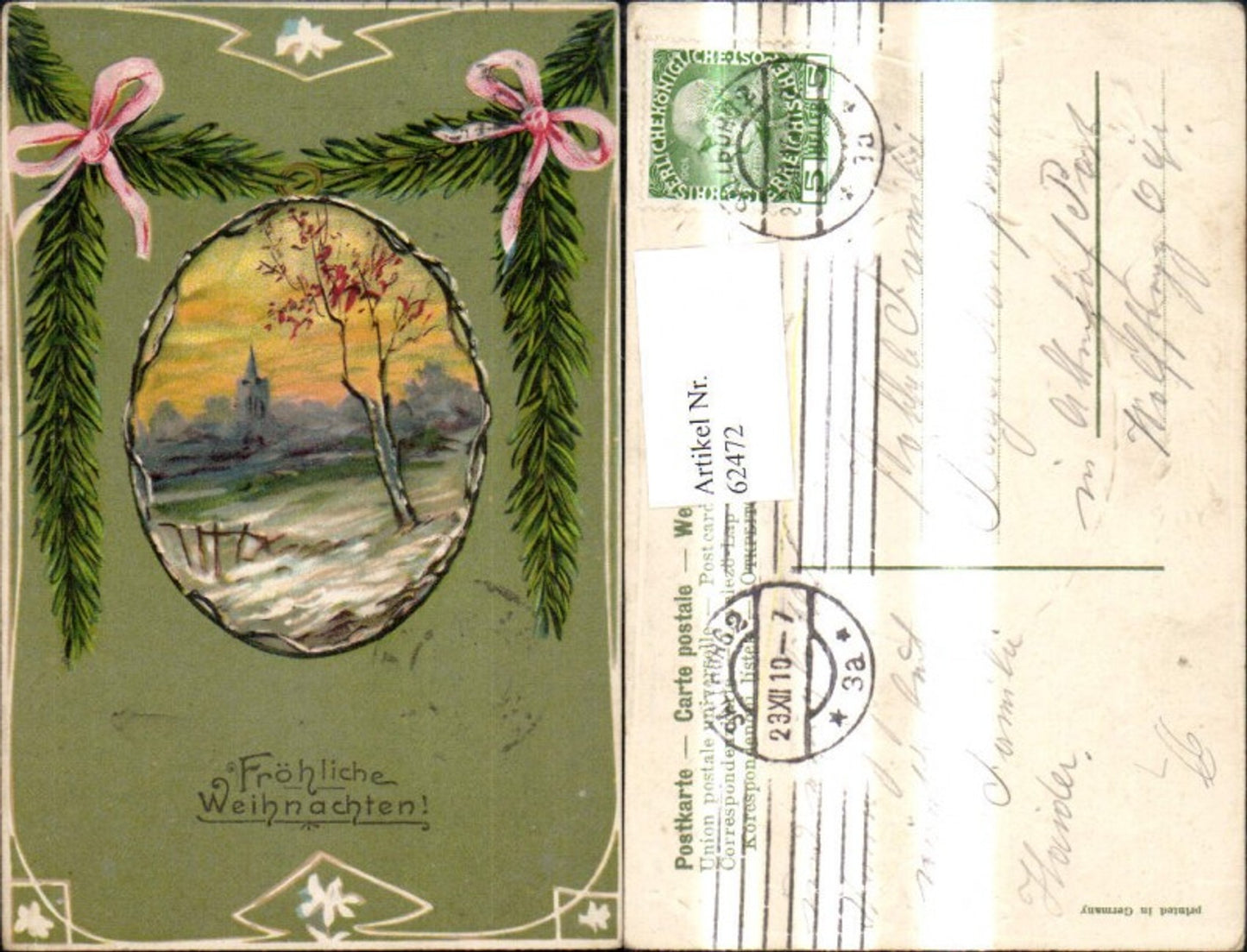 62472, Artist's embossed lithograph, Christmas winter landscape, church, passe-partout, fir branch, garland, ribbon