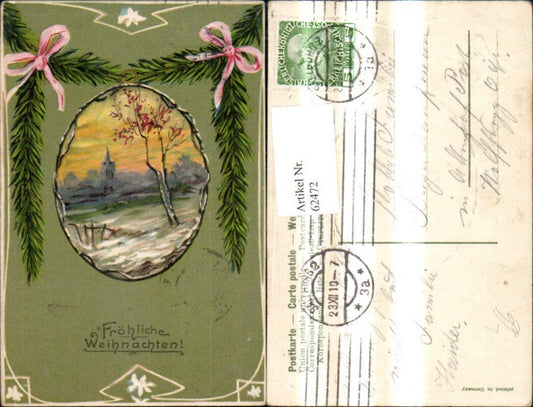62472, Artist's embossed lithograph, Christmas winter landscape, church, passe-partout, fir branch, garland, ribbon