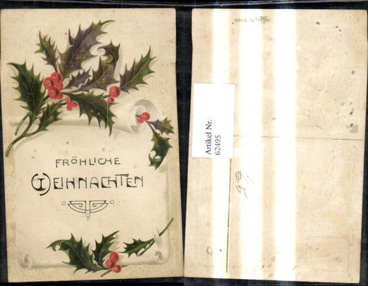 62495, Artist's embossing postcard Christmas paper roll holly branches pub Erika 3166