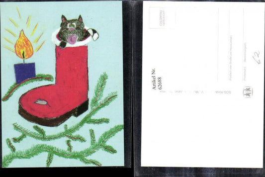 62688,SOS Kinderdorf 3/96 Zeichnung Roter Nikolausstiefel Katze Kerze Tannenzweig