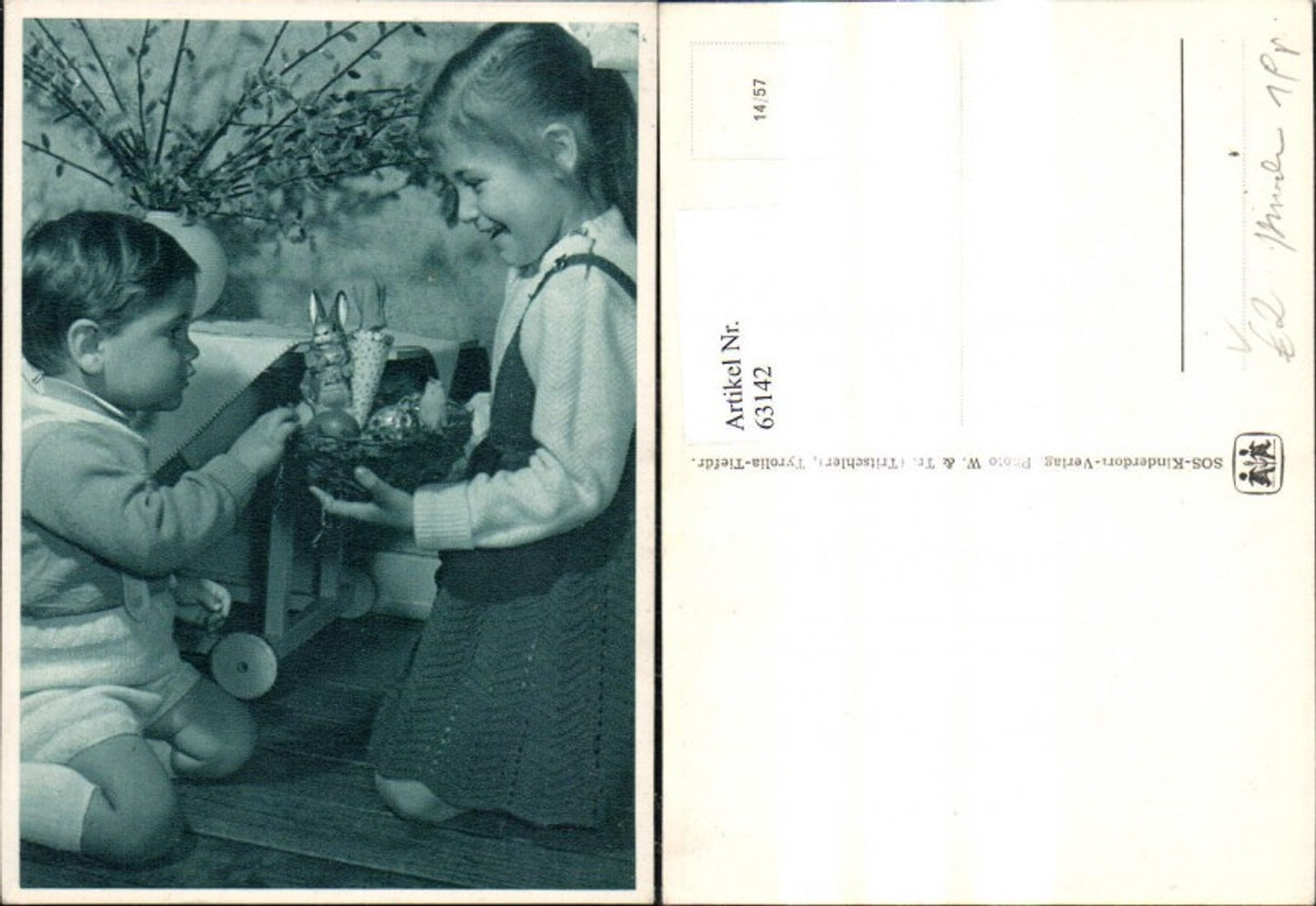 63142,SOS Kinderdorf 14/57 Kinder m. Osternest Vase m. Palmkätzchen