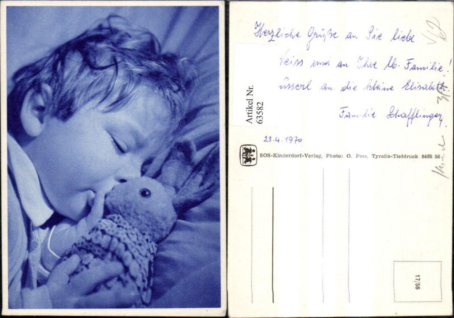 63582,SOS Kinderdorf 17/56 Kind schläft m. Plüschhasen Hasen