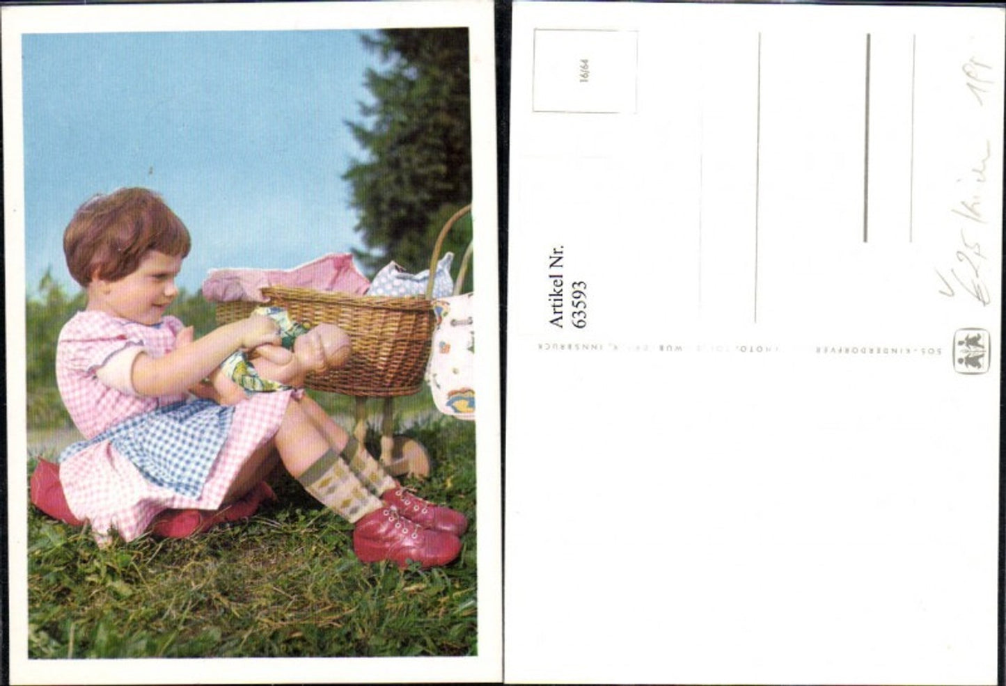 63593, SOS Children's Village 16/64 Girl with doll, doll's pram on a meadow