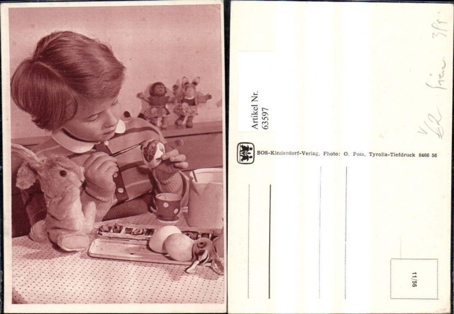 63597,SOS Kinderdorf 11/56 Mädchen bemalt Ostereier Plüschhase Wasserfarben Ostern