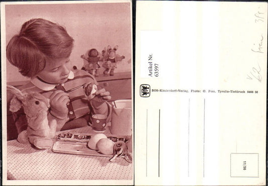 63597,SOS Kinderdorf 11/56 Mädchen bemalt Ostereier Plüschhase Wasserfarben Ostern